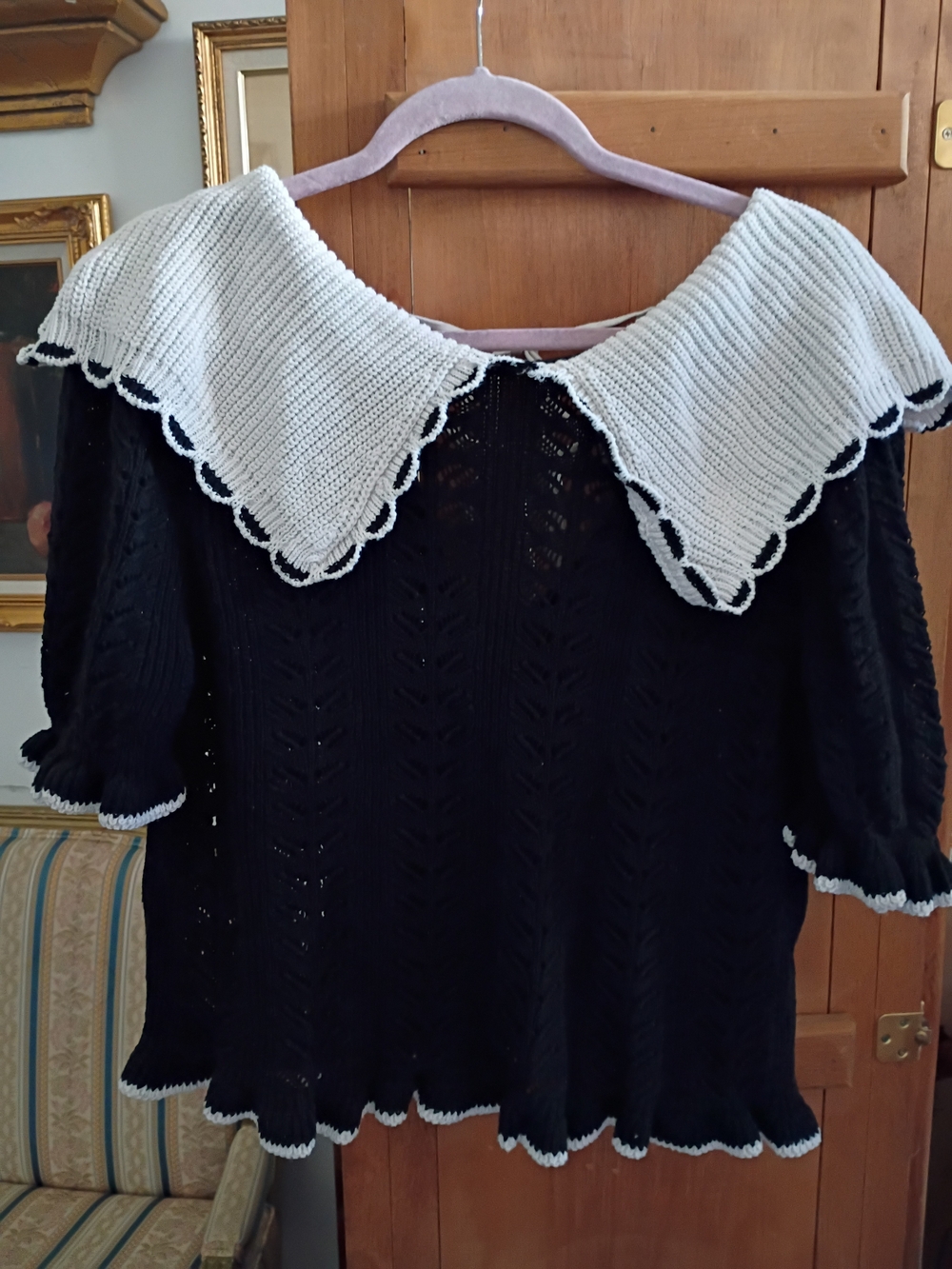 H&M Black Off-the-Shoulder Knit Sweater with White Scalloped Collar